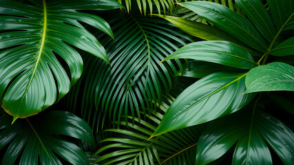 Monstera and palm leaves jungle texture