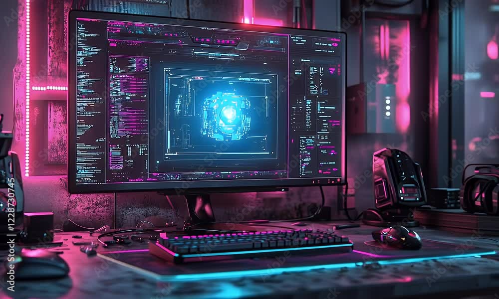 Poster cyberpunk desktop coding, neon room, future tech