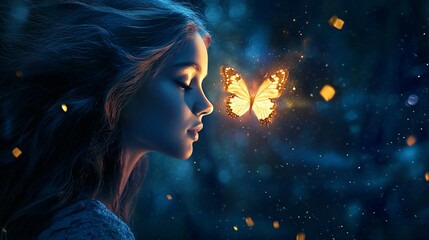 Enchanting Portrait of a Young Girl with a Magical Butterfly Illuminating the Night, Capturing a Dreamlike Atmosphere in a Fantasy Setting