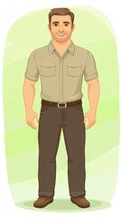 Obraz premium Smiling man, khaki shirt, casual pants, green background, for website avatar