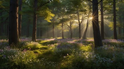 Sunlight streaming through a lush green forest with wildflowers and tall trees