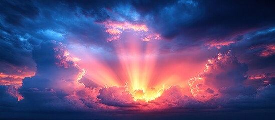 Fototapeta premium Dramatic sunset with vibrant clouds and sun rays breaking through.