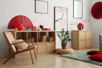 Interior of festive living room decorated for Chinese New Year celebration