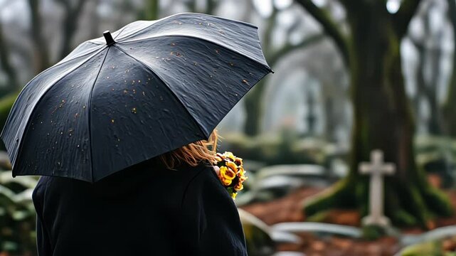 woman in black standing at the grave holding an umbrella, mourning at the cemetery