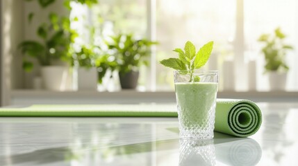 A green drink is poured into a glass and sits on a green mat