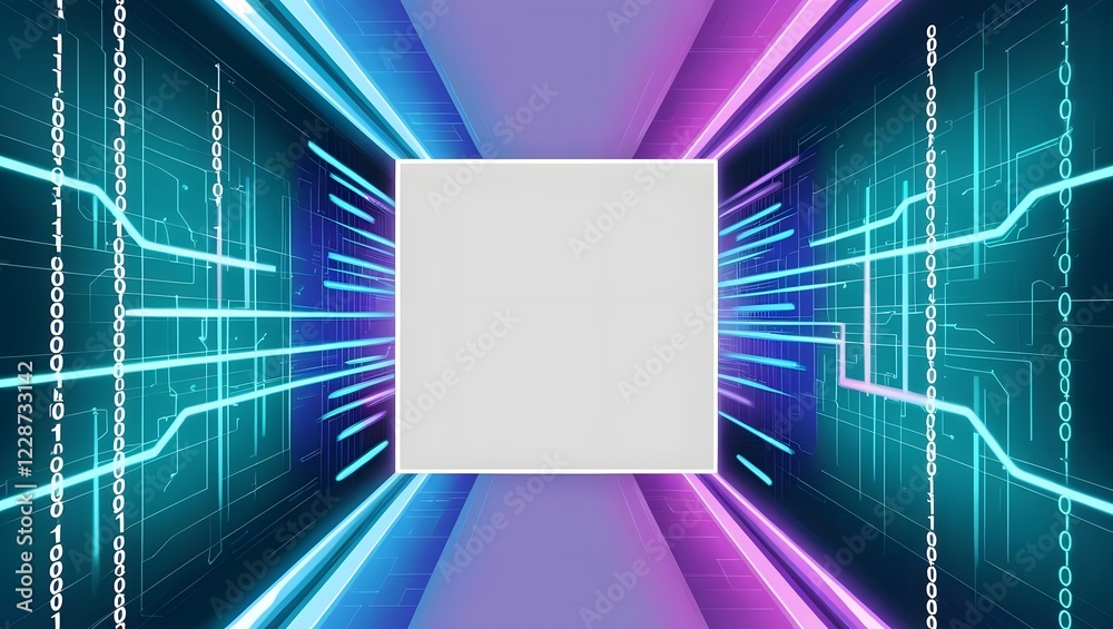 Poster abstract technology background with binary code and neon glow effects