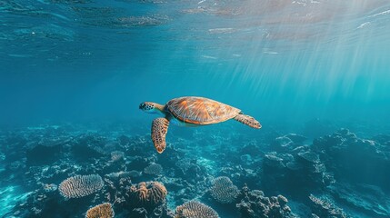 Obraz premium Graceful Sea Turtle Gliding Through Clear Blue Ocean Waters Surrounded by Coral Reefs: Showcasing Elegance and Underwater Habitat of Sea Turtles with Detailed View