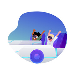 Vector of happy kids in VR glasses, with hands up and riding in digital amusement park.