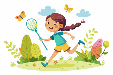 A girl catching butterfly with a net