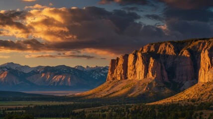 Obraz premium Majestic Mountains at Sunset with Dramatic Clouds and Golden Light on Cliffs