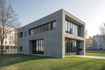 Modern Brutalist Building with Grey Concrete, Large Windows, and Square Openings &ndash; Rugged Urban Architecture Surrounded by Trees, Grass, and Other Buildings in a Bright Setting