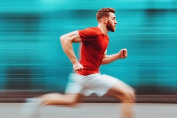 Weight loss shows steady progress. Man running swiftly with a blurred background.
