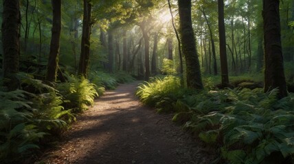 Obraz premium Sunlight Filters Through Trees onto a Path in a Lush Green Forest