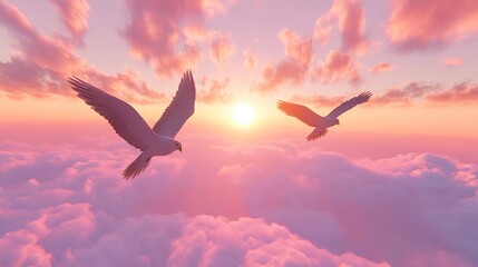 Fototapeta premium Eagles soaring sunset cloudscape; peaceful flight, digital art, inspirational