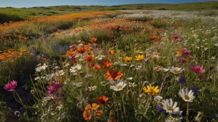 A vibrant flower meadow under a clear blue sky with orange pink white and yellow flowers 