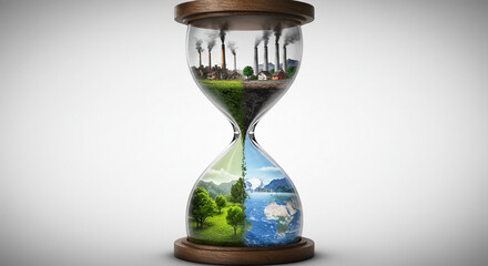 A powerful image of an hourglass, with the top half showing deforestation and pollution while the bottom half fills with green trees and clean water