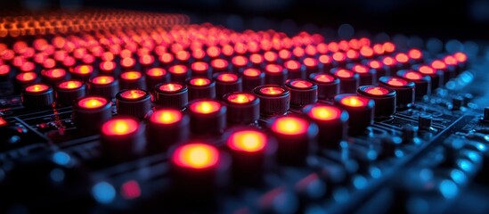 Fototapeta premium Illuminated control panel with glowing red and orange lights.