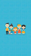 Happy family portrait, blue background, children, parents, illustration, family card