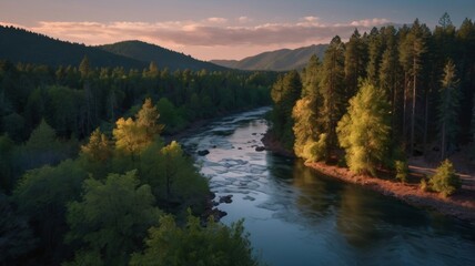Fototapeta premium Scenic River Flowing Through a Forest Landscape at Dusk with Mountain Backdrop