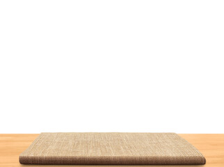 Empty sackcloth on wooden table PNG transparent.
