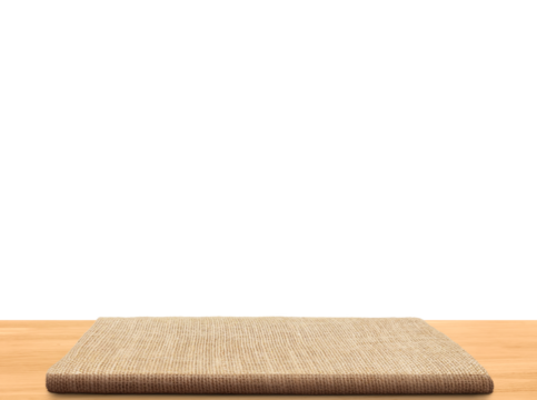 Empty sackcloth on wooden table PNG transparent.