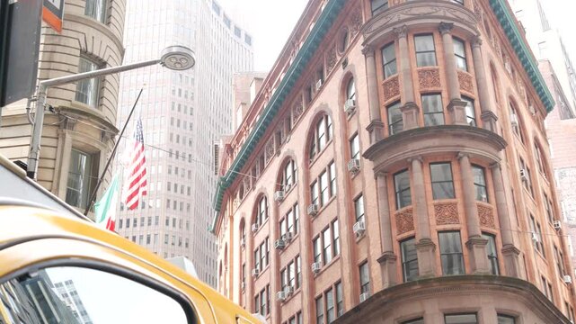New York City Lower Manhattan, Downtown Financial District architecture, United States. Restaurant building, William street, Beaver street corner, USA. American urban street, red brick house.