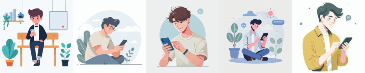 vector of male characters playing with cellphones