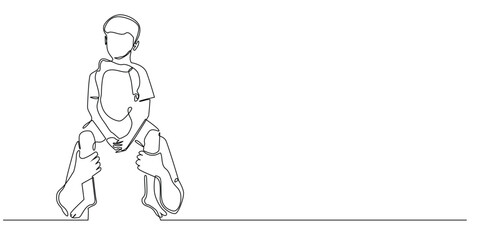 continuous line of father carrying son on shoulders.one line drawing of child on parent's shoulders.single line vector illustration.isolated white background