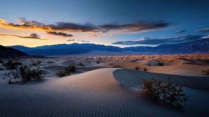 A desert landscape with a beautiful sunset in the background