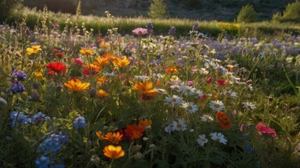 A vibrant meadow filled with various colorful wildflowers in full bloom during golden hour