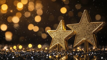 Golden stars sparkle on dark glitter, bokeh background; awards ceremony