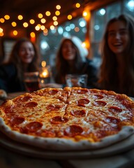 Shared Pepperoni Pizza Served on Table with Festive Lighting in Restaurant