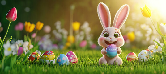 Happy Easter Greeting Card Cute Smiling Bunny Pink Ears Holding Egg Green Grass Tulips Snowdrops Eggs