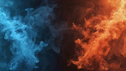 Abstract digital art piece with colorful explosion of blue and orange smoke creating energy and movement on black background.
