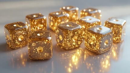A set of 3D golden casino dice, shining vibrantly, isolated on a solid white background