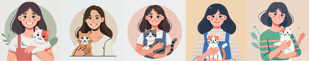 vector set of female characters holding a cat