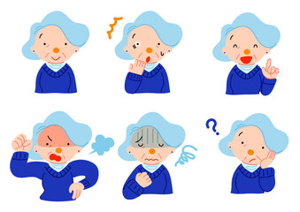 いろいろな表情のシニア女性イラストセット