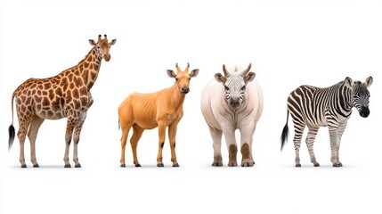 Diverse Group of Animals: Giraffe, Deer, Cow, and Zebra in Profile Against White Background
