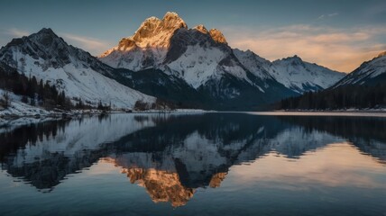 Naklejka premium Majestic mountain peaks covered in snow reflected on a tranquil lake at sunset