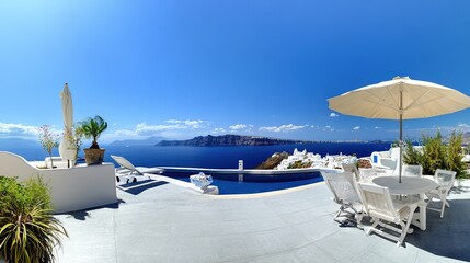 Fototapeta premium Stunning White Architecture Against Deep Blue Sea and Clear Skies in Santorini Greece - Perfect for Sunny Day