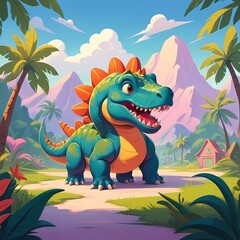 Obraz premium cute dinosaur, sunny weather, landscape