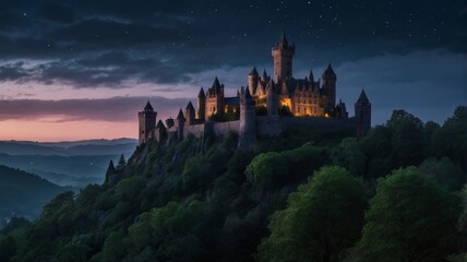 Obraz premium Majestic castle atop hill illuminated under twilight and starry sky at night with forest and mountains