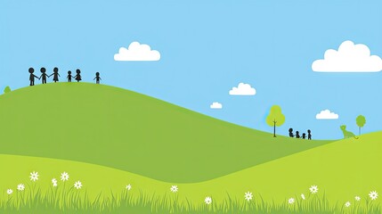 Fototapeta premium Family enjoying sunny hilltop walk, playful dog. Ideal for family, togetherness, nature themes