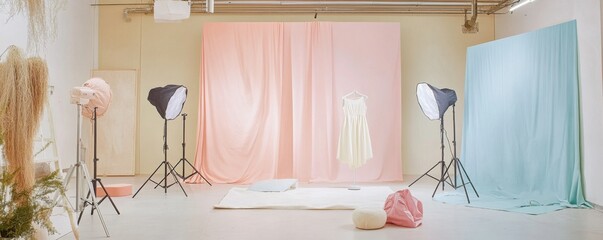 Photography studio setup for fashion shoot modern space visual content bright atmosphere angled view creative design