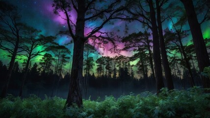 Fototapeta premium Enchanted Forest Under Aurora Borealis Night Sky With Tall Trees and Green Foliage