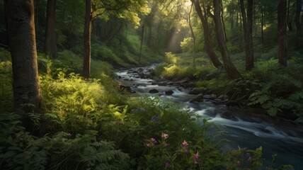 Lush Forest Stream with Sunlight Shining Through the Canopy creating a serene atmosphere