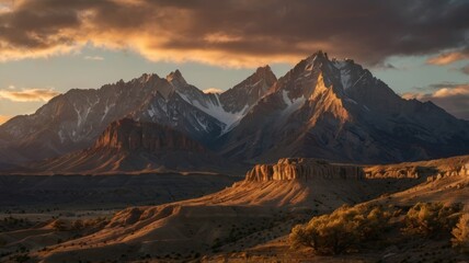 Majestic mountains with snow-capped peaks and warm sunlight illuminate the landscape at sunset