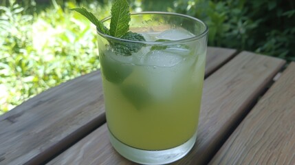 A Glass of Fresh Limeade with Mint and Ice Cubes