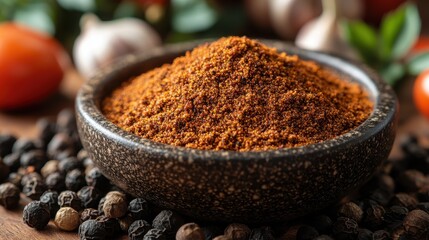 A bowl of vibrant spice powder surrounded by whole spices and garlic.