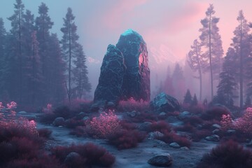 Enchanted Forest with Crystalline Monolith and Vibrant Flora at Sunset. Big rock in the center. Pink and purple tones